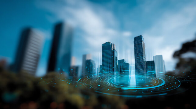 Futuristic cityscape with tall skyscrapers surrounded by digital blue holographic circular interface elements, blending technology and urban architecture in a modern, innovative style