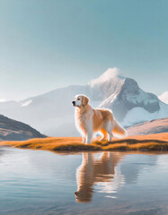 Serious golden retriever dog at edge of lake with mountains in background and reflection in water