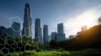 City skyline at sunset with skyscrapers blurred in background and digital hexagonal pattern overlay on lush green park foreground