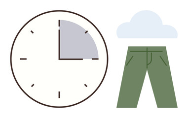 Clock with highlighted segment, green pants, and cloud shape portraying balance, schedule tracking, comfort, decision-making, work-life harmony, productivity style. Ideal for minimal designs