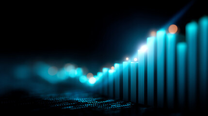 Abstract digital bar chart with glowing blue columns ascending, set against a dark background with bokeh lights, representing data growth or financial trends in technology