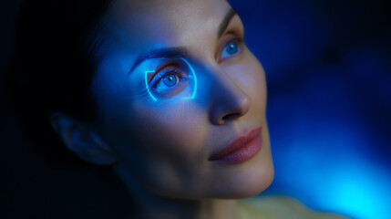 Close-up of a woman’s face with blue biometric eye scanning technology highlighting her right eye, set against a dark blue futuristic background