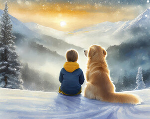rear shot of boy and golden retriever dog sitting on snow edge looking out over the mountains