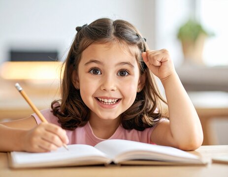 A joyful child writing in her notebook with the blur's background