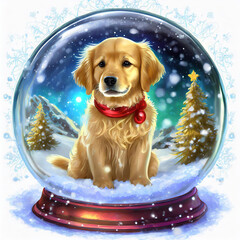 Golden retriever puppy dog in snow globe ornament with christmas theme