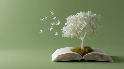 Open book with a white tree and moss growing from its pages, accompanied by flying paper origami cranes against a soft green background