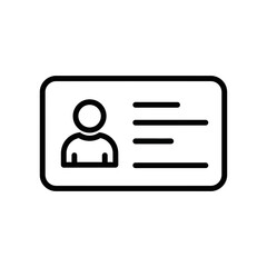 Simple black and white line icon representing an identification card or badge with a person silhouette and text lines, vector illustration