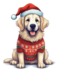 happy smiling golden retriever dog wearing festive xmas hat and sweater on white background
