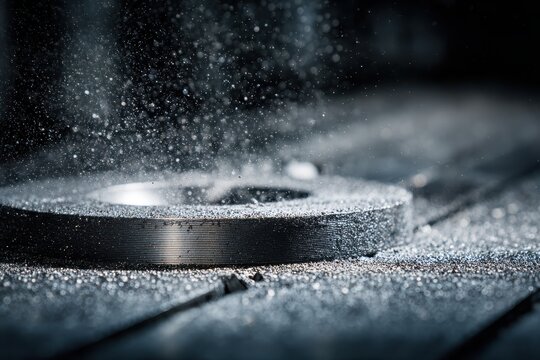 Metal ring with water droplets on gritty surface against a dark background. Use it for industry, manufacturing, science or technology related projects.