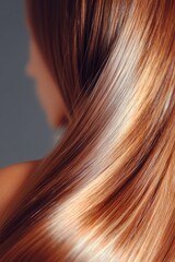 Fototapeta premium Close-up of glossy, silky brown hair with highlights, showcasing healthy texture and vibrant color for beauty and hair care inspiration.