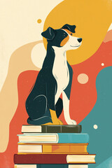 Tricolor dog sitting on a tall stack of books against an abstract, colorful background