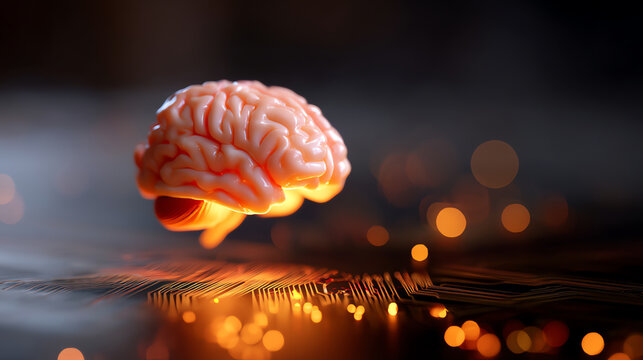 A glowing human brain floating above a microchip, symbolizing the fusion of neuroscience and technology in a futuristic digital environment