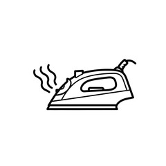 Black and white line art icon of a steam iron with steam coming out, vector illustration