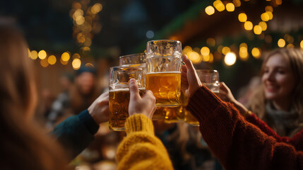 Friends clinking beer mugs together in a festive outdoor setting with warm lighting and blurred background, capturing a joyful social celebration