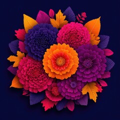 Vibrant floral arrangement in autumnal hues on dark background