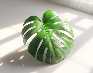 Bright monstera leaf on surface, light and shadow play