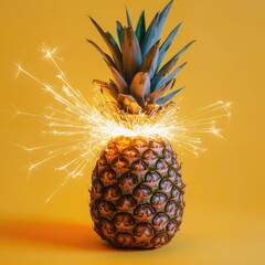 Sparkly pineapple with green crown on orange background