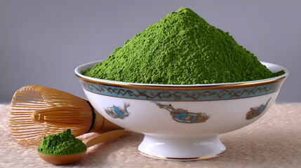 Whisking matcha powder traditional japanese tea ceremony kitchen setup close-up culinary art
