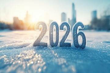 Glittery "2026" sits in frosty field, city backdrop