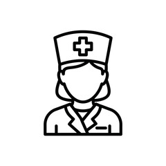 Fototapeta premium Simple black and white line icon illustration of a female nurse wearing a traditional cap with a medical cross symbol vector illustration