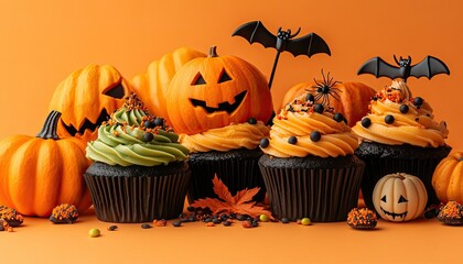 Halloween treats cupcakes, jack-o'-lanterns, on orange