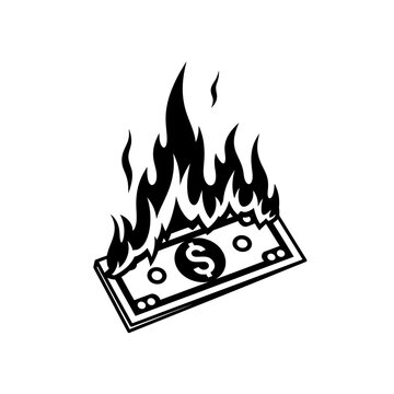 Black and white line art icon of a dollar bill burning with flames, vector illustration