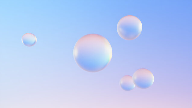 Iridescent floating spheres against a soft gradient blue and purple background