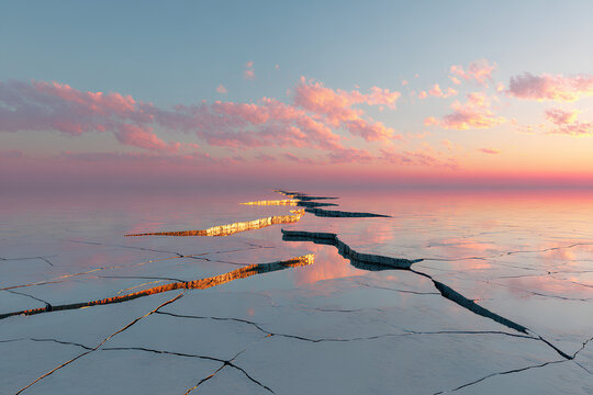 Golden faultline sunrise reflection cracked salt flat pink clouds calm water horizon glow serene landscape pastel sky golden light mirror surface