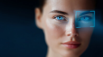 Close-up of a woman with blue eyes undergoing biometric iris scanning, highlighting facial recognition technology against a dark background