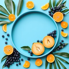 Fruit frame oranges, berries, leaves around blue circle