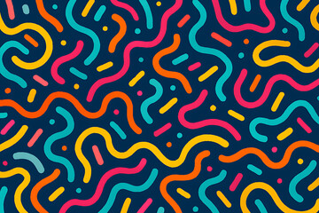 Colorful Wavy Lines and Dots Pattern on Dark Blue Background