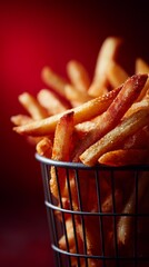 Delicious golden french fries served in a black metal basket against a striking red background, perfect for fast food themes.