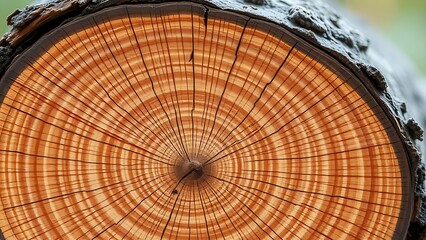 Naklejka premium crosssection. A detailed cross-section of a tree stump, highlighting natural wood grain and age rings in even lighting. gardening catalogs.