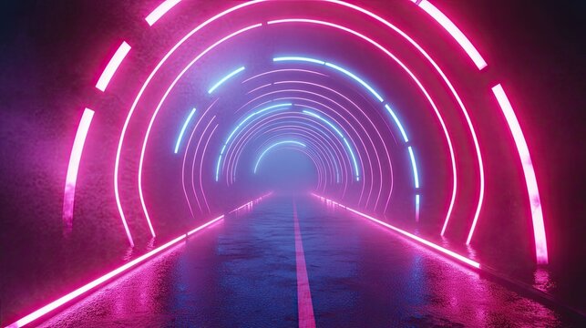 Neon tunnel with pink and blue glowing arches