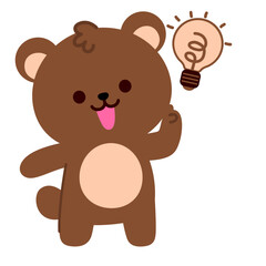 Creative brown bear holding a bright idea lightbulb, great for education themes, innovation messages, learning materials, motivational graphics, children’s designs, and fun cartoon illustrations.