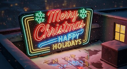 Vibrant neon merry christmas and happy holidays sign illuminates a snowy rooftop at night evoking festive cheer and winter wonder