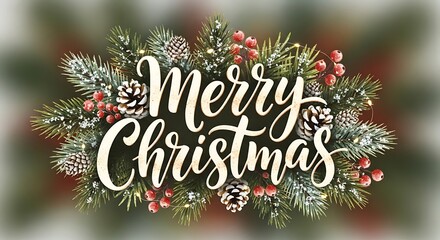 Festive merry christmas greeting with frosted pine branches pinecones and red berries perfect for holiday cards and decorations