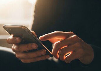 Closeup of hands holding and using a smartphone, with warm sunlight illuminating the scene, suggesting connection and interaction