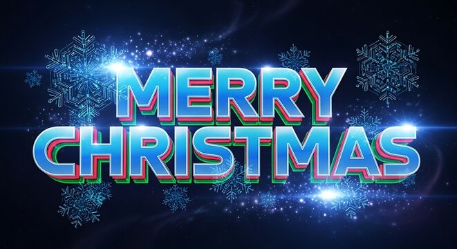 Sparkling merry christmas text with icy blue and red highlights surrounded by glowing snowflakes and bright light flares on a dark background