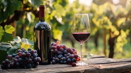 A bottle of red wine and a glass of wine on a wooden table with a vineyard in the background.