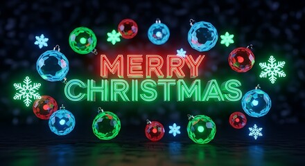Vibrant neon merry christmas sign surrounded by sparkling ornaments and snowflakes on a dark background