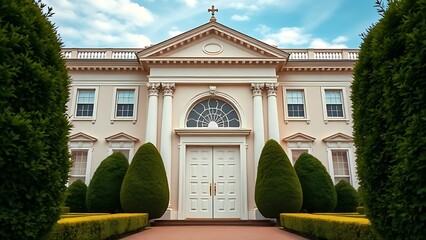 neoclassical. A grand mansion entrance with elegant double doors, framed by manicured hedges under a clear blue sky. real-estate listings.