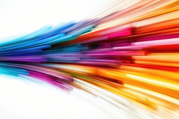 Blurry rainbow streams on white converge towards viewer