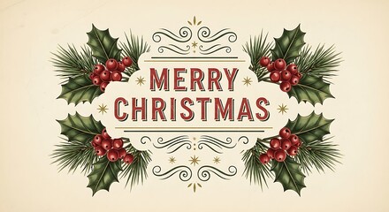 Vintage merry christmas emblem with holly berries and pine sprigs