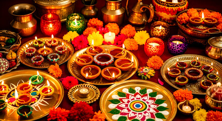 Diwali Celebration With Diyas, Rangoli, And Marigold Flowers On Brass Trays For Festival Decor
