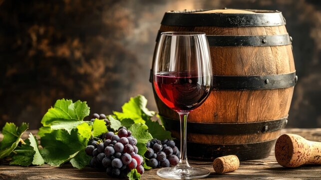 A glass of red wine with a wooden barrel and grapes on a rustic wooden table.