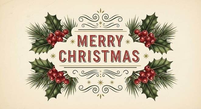 Vintage merry christmas emblem with holly berries and pine sprigs