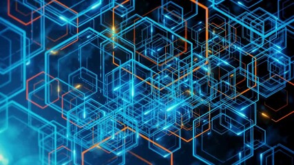 Futuristic blue and orange neon hexagon grid background featuring glowing geometric shapes moving in 3D space illustrating blockchain technology and digital science networks - Powered by Adobe