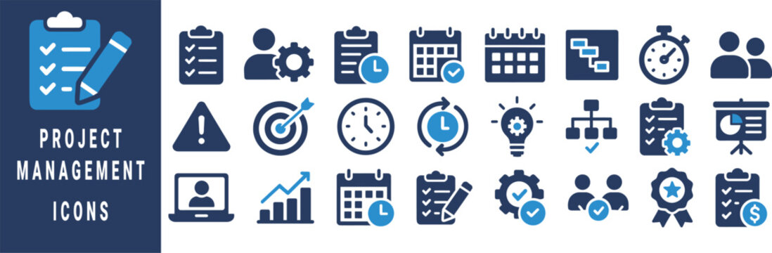 Collection of blue and dark blue project management icons on a dark blue background checklist pencil
