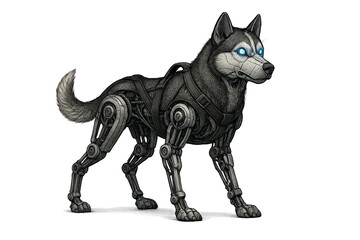 Fototapeta premium A futuristic robotic husky dog with glowing blue eyes and a metallic cybernetic body stands in a powerful pose, rendered in a detailed, hand-drawn illustration style